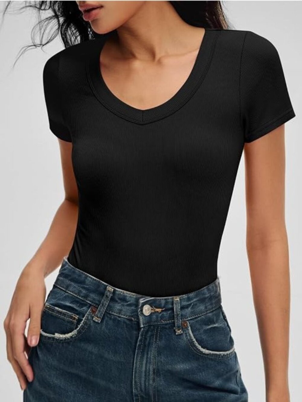 Calvin Klein Jeans Bodysuit Womens Size Medium Black Ribbed V-Neck Short Sleeve - Picture 3 of 13